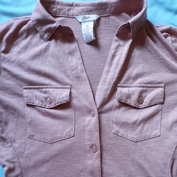 Candie's Rose Pink Quarter Sleeve Button Down Top - Picture 3 of 10